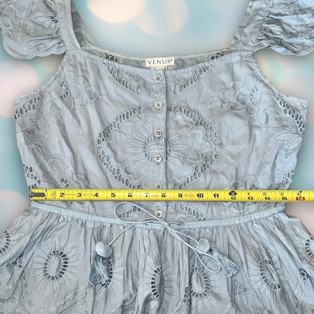 Venus Women’s Blue Boho Embroidered Eyelet Peplum Ruffle Blouse Crop Top Size 6 - Picture 4 of 6